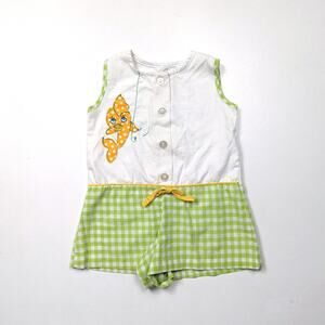 Vintage Romper Girls Size 18m Green Gingham Fish Applique 60s Kitschy